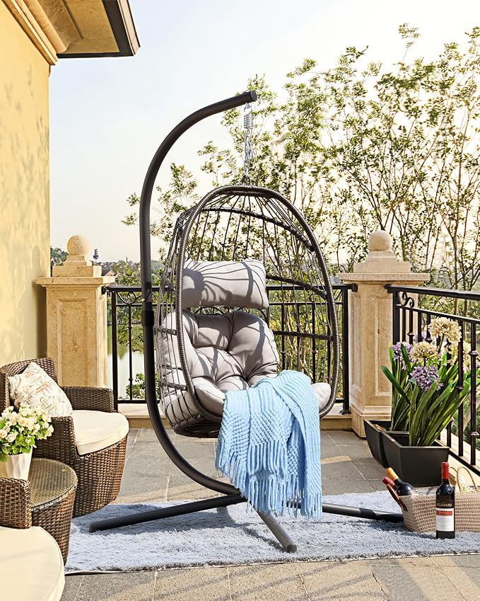FREDEES Egg Swing Chair with Stand, Outdoor Hanging Egg Chair with Cushion - Image 8