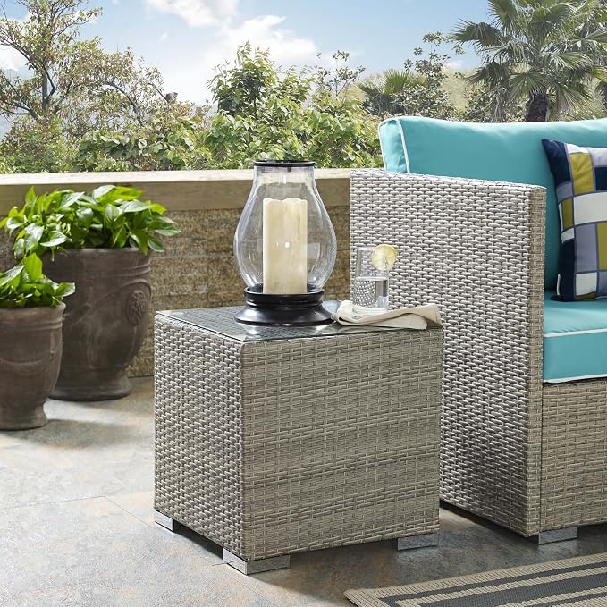 Modway Repose Wicker Rattan Glass Outdoor Patio Side End Table in Light Gray - Image 3