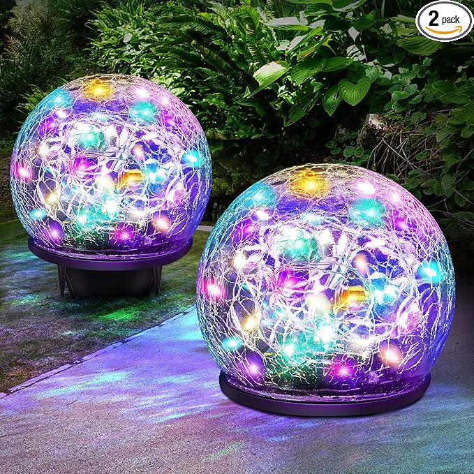 Solar Garden Lights, 2 Pack 80 LED Colored Cracked Glass by Keevvon