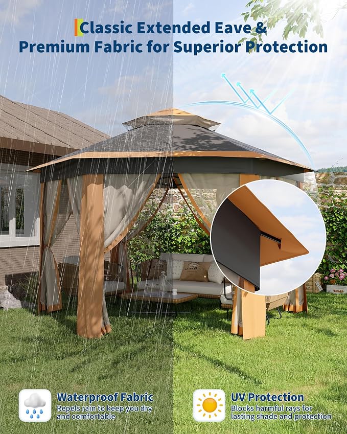 13'x13' Pop-Up Gazebo, Outdoor Hexagonal Patio Gazebo - Image 4