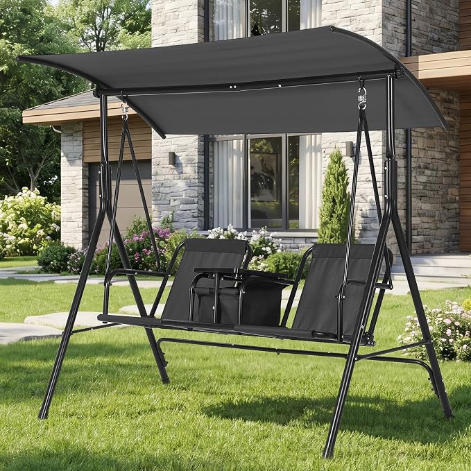 2-Person Porch Swing with Cup Holders, Pivot Storage Table & Cooler Bag - Image 8