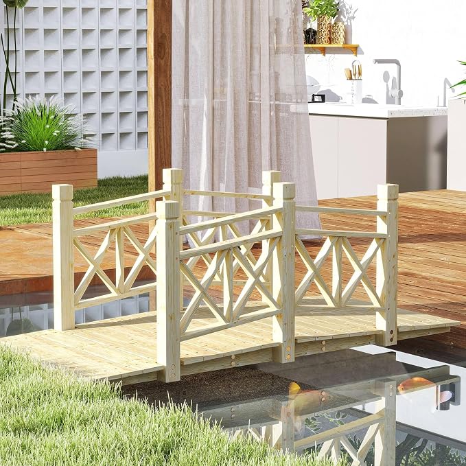 5FT Wooden Garden Bridge with Handrails, Decorative Landscape Footbridge by Unknown