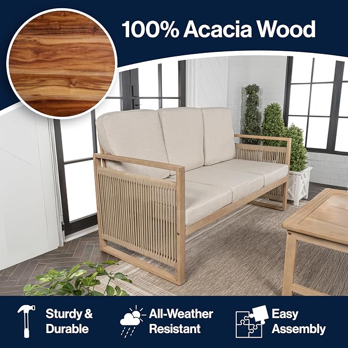 JONATHAN Y SFB1002A Gable 3-Seat Mid-Century Modern Roped Acacia Wood Outdoor - Image 6