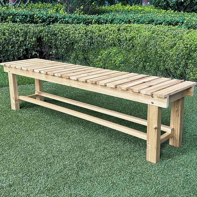 Outdoor Garden Bench, 3-Person Wood Patio Bench Weatherproof Outdoor Backless by LSPYYDS