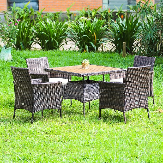 Tangkula 5 Pieces Wicker Patio Dining Set, Outdoor Acacia Wood Dining Furniture - Image 2
