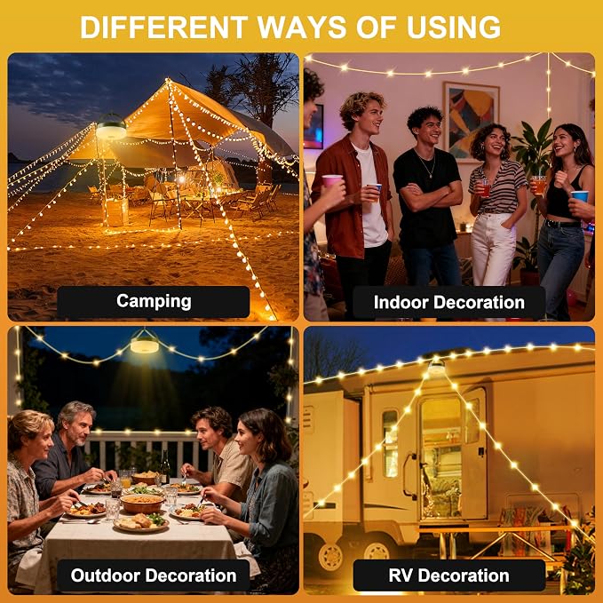 Camping String Lights, 4 in 1 Quick Storage 33FT Rechargeable Tent Lights - Image 2
