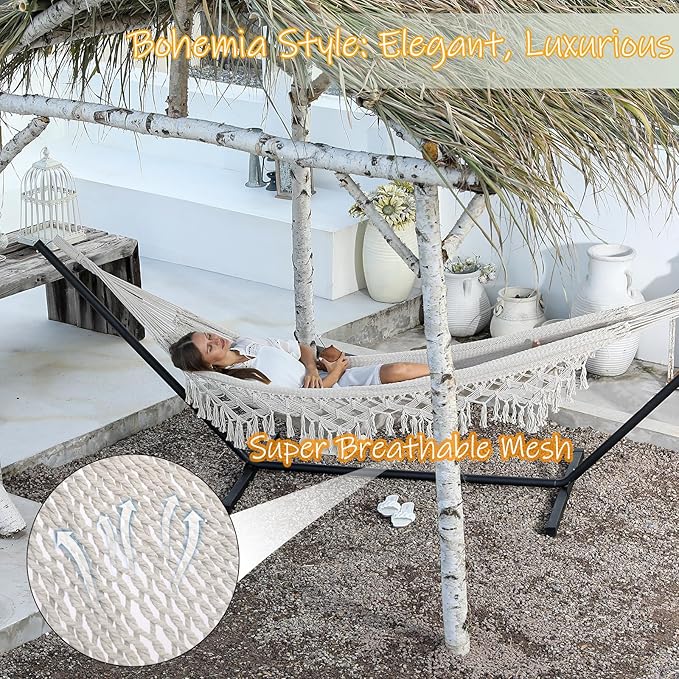 ZEAN Handwoven Hammock with Tassels by Thick Cotton Rope XL Two Person Hammock - Image 2