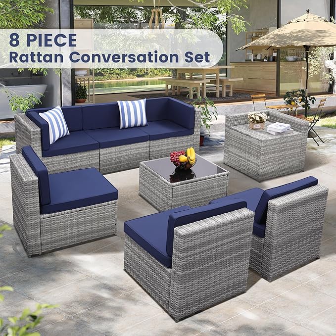 8-Piece Patio Furniture Set, Outdoor Wicker Rattan Sectional - Image 2
