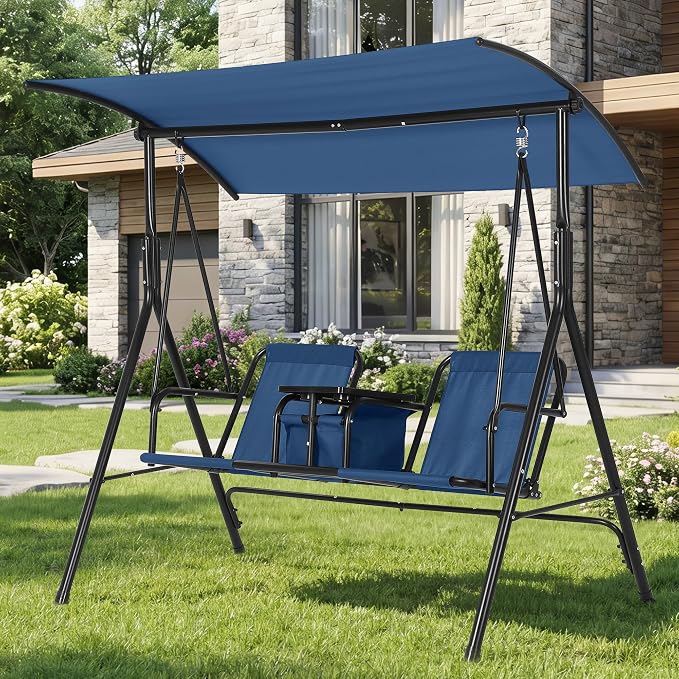 2-Person Porch Swing with Cup Holders, Pivot Storage Table & Cooler Bag - Image 8