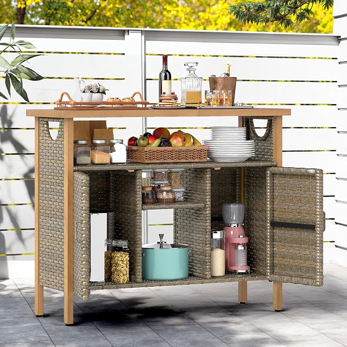 DWVO XL Patio Storage Cabinet, Wicker Outdoor Bar Table - Image 2