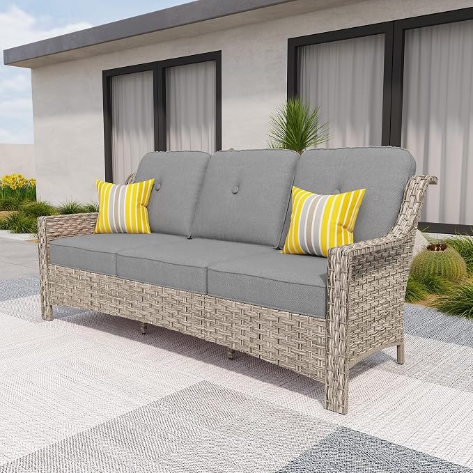 HOOOWOOO Patio Couch, Outdoor Wicker 3 Seater Sofa, All Weather Resistant High by DesignforBetterLife
