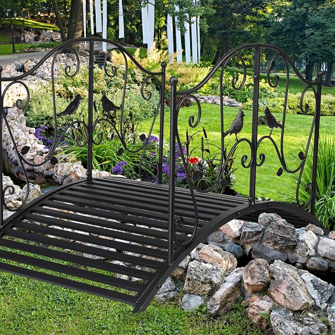 Metal Arch Garden Bridge with Safety Siderails, Decorative Footbridge, Ourdoor - Image 6