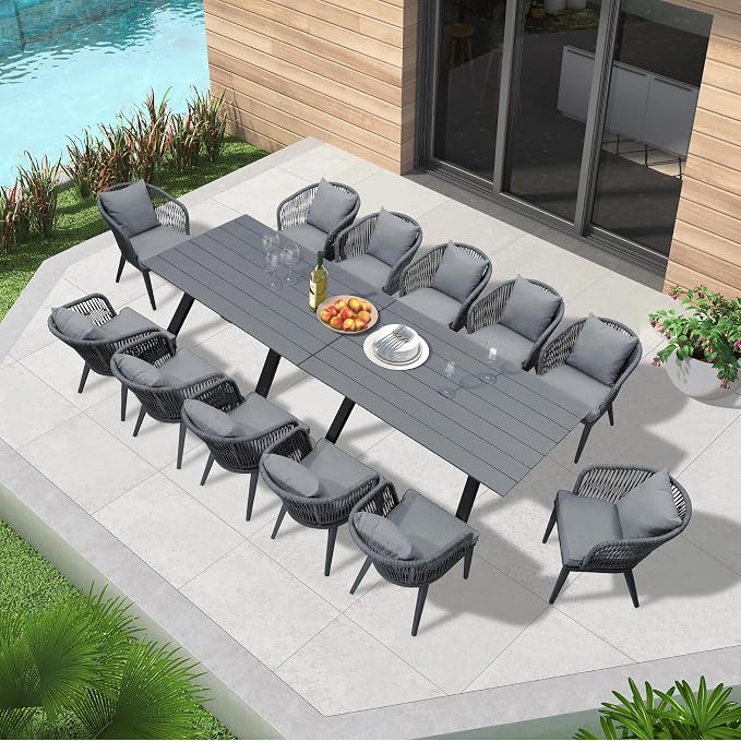 PURPLE LEAF 14 Pieces Patio Dining Set Wicker Outdoor Furniture Rectangular by PURPLELEAF