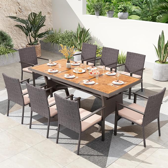PHI VILLA Outdoor Dining Set for 8, Rectangular Rattan Table by PHIVILLAThepioneerofcomfortablehouseholdsupplies
