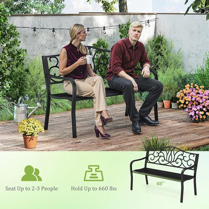 Tangkula 50 Inches Outdoor Garden Park Bench, Cast Iron Metal Front Porch - Image 7