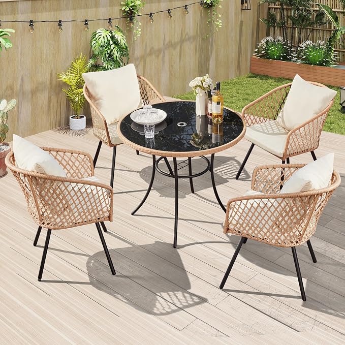 ECOTOUGE 5 Piece Patio Dining Set, Wicker Outdoor Furniture Set w/Glass Round - Image 5
