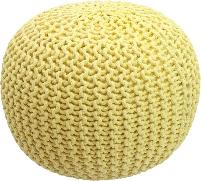 COTTON CRAFT - Hand Knitted Cable Style Dori Pouf - Yellow - Floor Ottoman - by COTTONCRAFT
