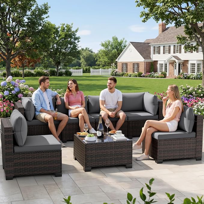 LEVELEVE 7 Pieces Outdoor Patio Furniture Sets, Rattan Conversation Sectional by Enjoyyourlife