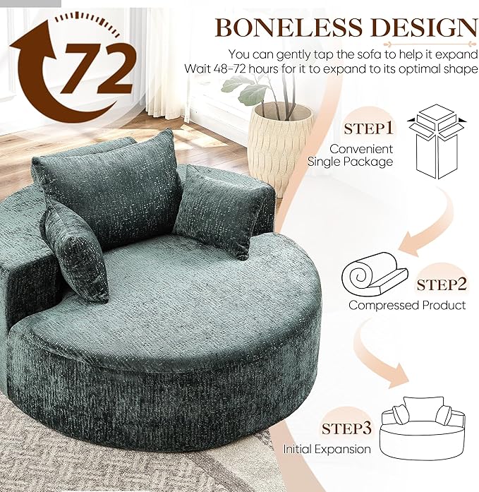Oversized Round Chaise Longue Chair Indoor, Modern 55-inch Upholstered Chenille - Image 7