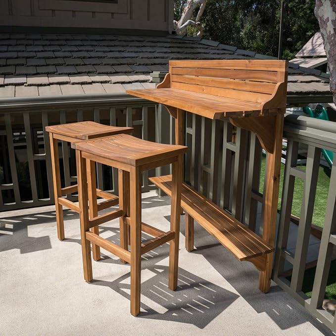 Christopher Knight Home Caribbean Outdoor Acacia Wood Balcony Bar Set, 3-Pcs Set - Image 4