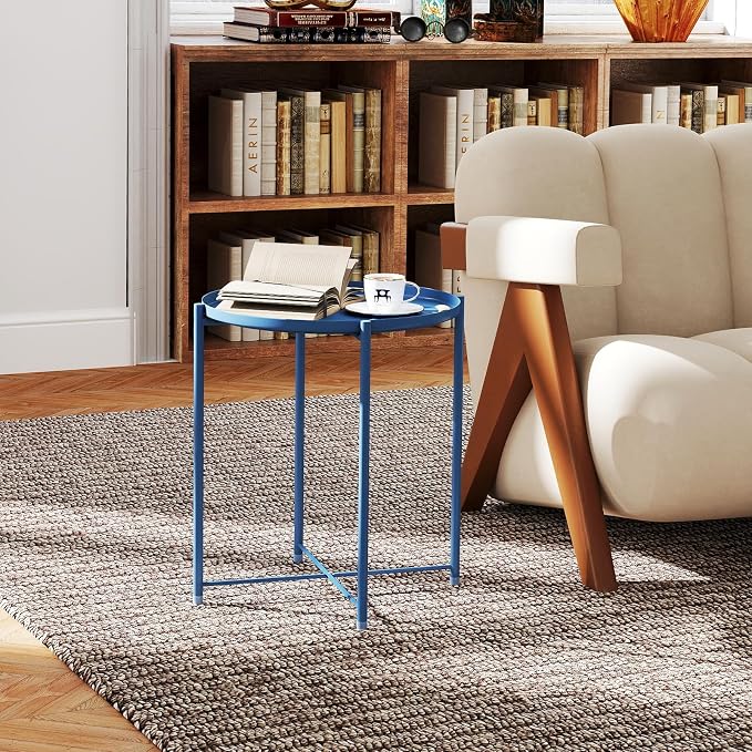 HollyHOME Round Metal Side Table, Outdoor Small Folding Accent Stand - Image 2