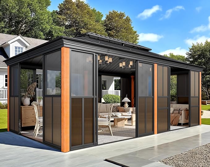 EROMMY 12' X 20' Hardtop Sunroom, Galvanized Steel Double Roof Gazebo Solarium by EROMMY