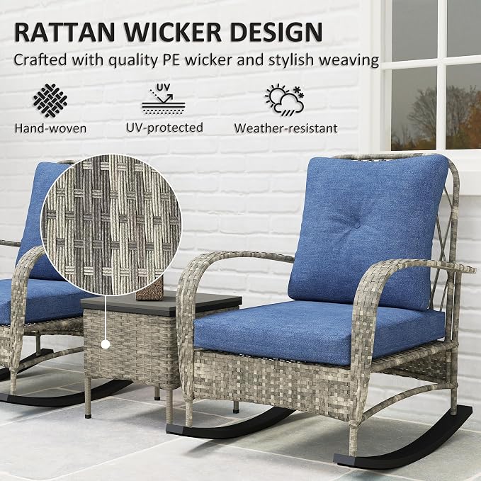 Outsunny 3 Piece Wicker Patio Furniture Set, PE Rattan Rocking Chairs - Image 4