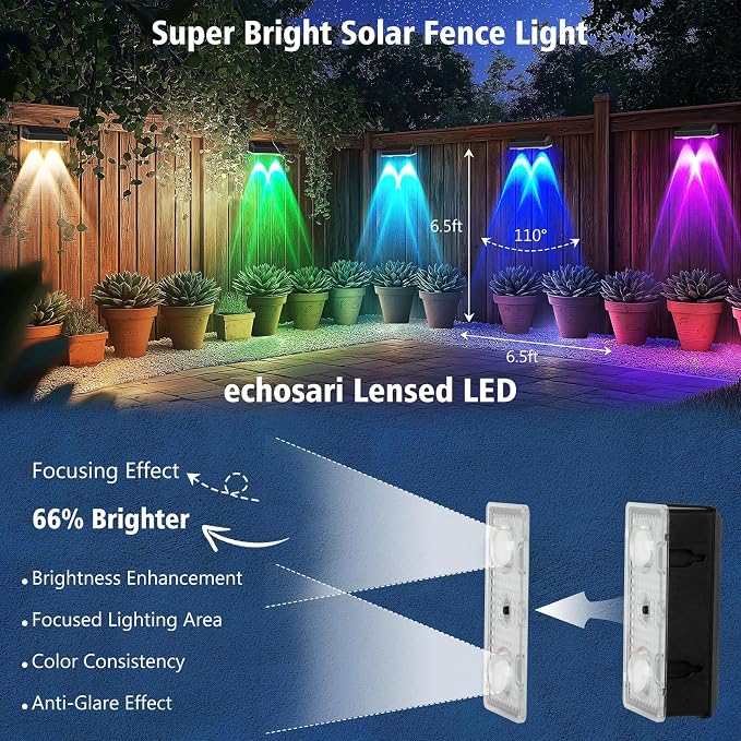 echosari 8 Pack Solar Fence Lights Outdoor Waterproof Color Changing 100 Lumen - Image 6