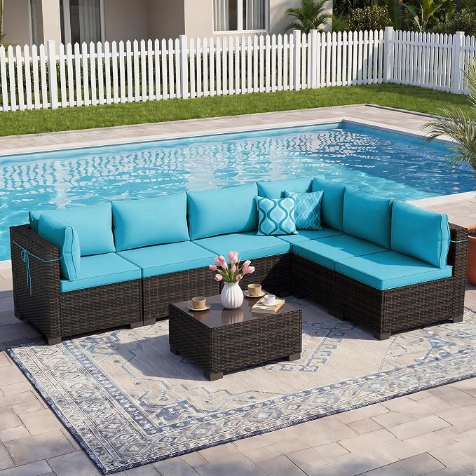 LEVELEVE 7 Pieces Outdoor Patio Furniture Sets, Rattan Conversation Sectional - Image 7