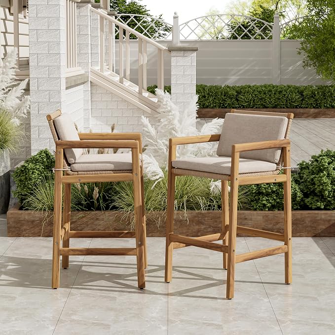 Merax Outdoor Bar Stools Set of 2, Wicker Woven Barstools, Acacia Wood Counter by Merax