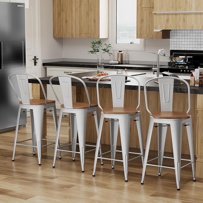Alunaune 26" Swivel Metal Bar Stools Set of 4 High Back Counter Height - Image 4