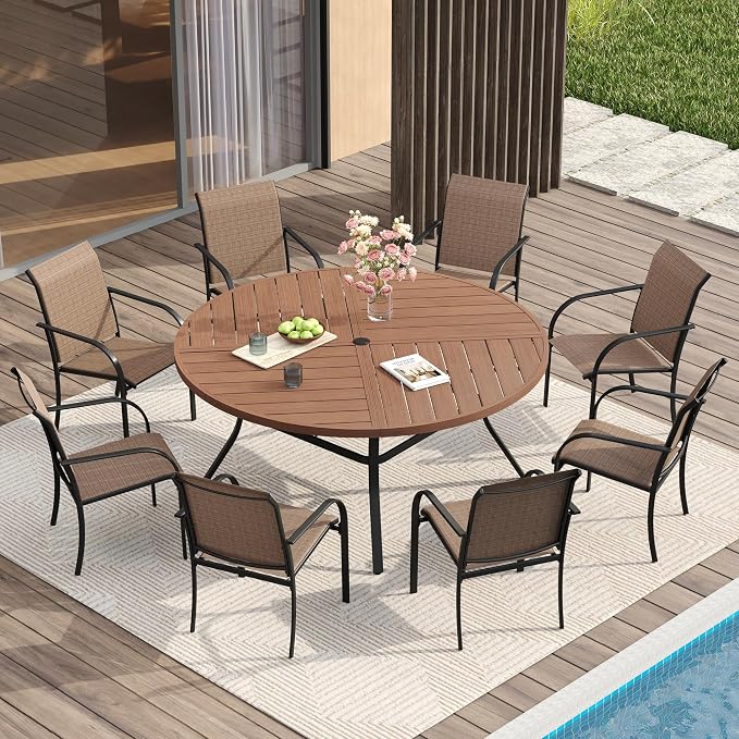 VICLLAX Patio Table and Chair Set of 8, All Weather Metal Round Outdoor Dining by HOME