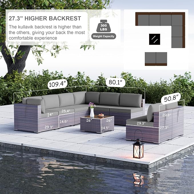 Kullavik 9 Pieces Outdoor Patio Furniture Set PE Wicker Rattan Sectional Sofa - Image 2