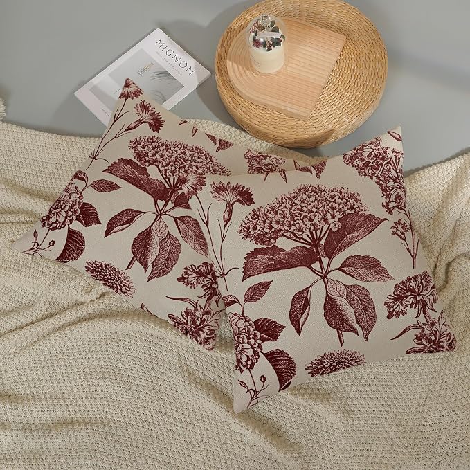 Burgundy Red Pillow Covers 18x18 Inch 2 Pcs Boho Vintage Floral Decor Throw - Image 5