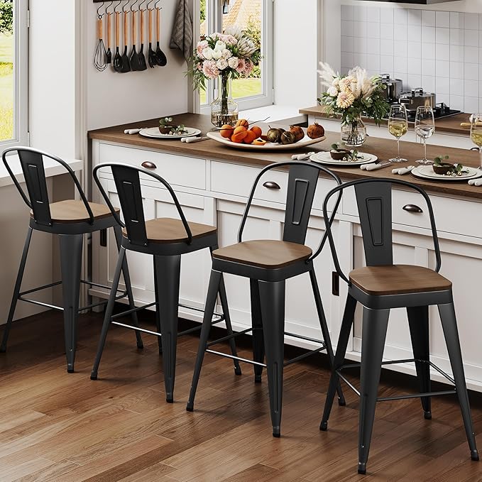 ALISH 24 Inch Bar Stools Set of 4, Industrial Counter Height Barstools High - Image 4