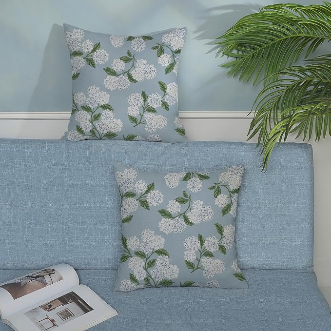 Light Blue Pillow Covers 24x24 Inch 2 Pcs Blue Green Hydrangea Flower Decor - Image 3