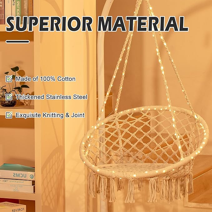 Sonyabecca LED Macrame Hammock Hanging Swinging Chair, Indoor/Outdoor Hanging - Image 2