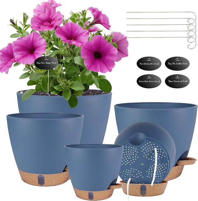 Self Watering Pots for Inoor Ourdoor Plants 8/7/6.5/6/5 Inch Plastic Planters by Fielda