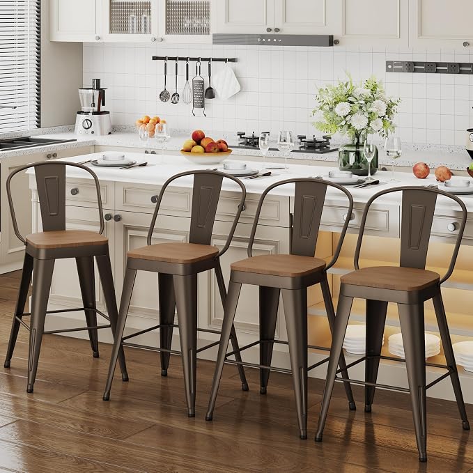 ALISH 26 Inch Industrial Bar Stools Set of 4, High Back Metal Barstools by ALISH