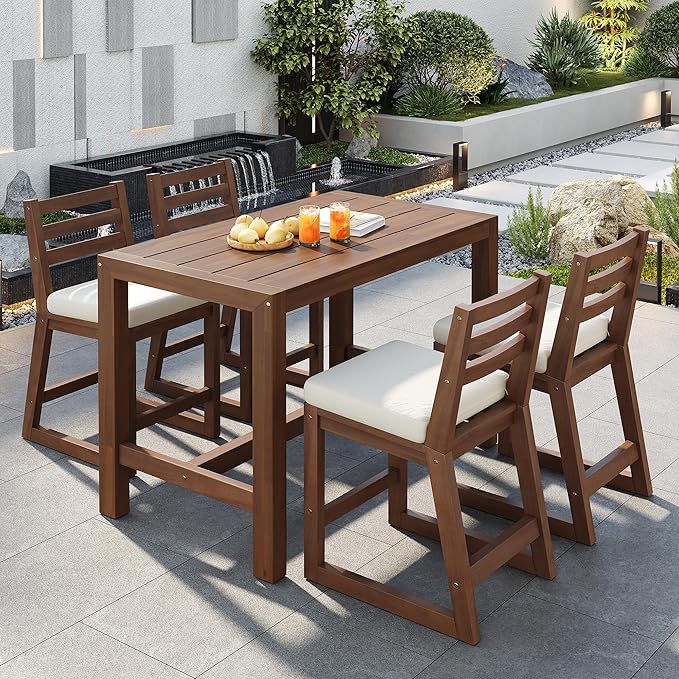 Merax 5-Piece Outdoor Patio Bar Set, Acacia Wood Bistro Table and Chairs by Merax