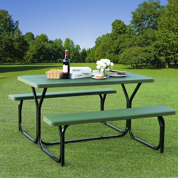 Giantex Picnic Table Bench Set Outdoor Camping All Weather Metal Base Yard Pool - Image 2