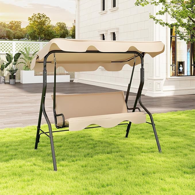 Porch Swing Outdoor, 3 Person Patio Swing w/Removable Cushion, Stand & - Image 2