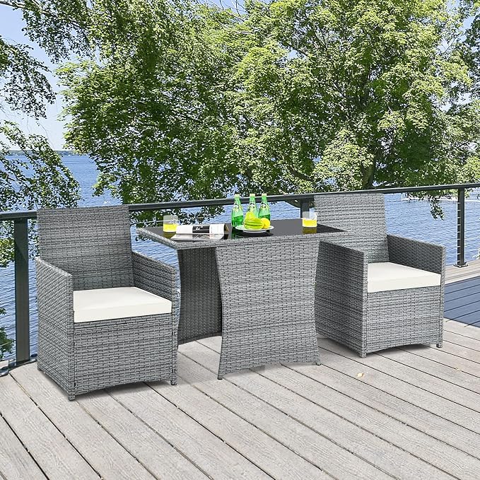 Tangkula 3 Pieces Patio Dining Set, Patiojoy Space-Saving PE Rattan Bistro Set - Image 2