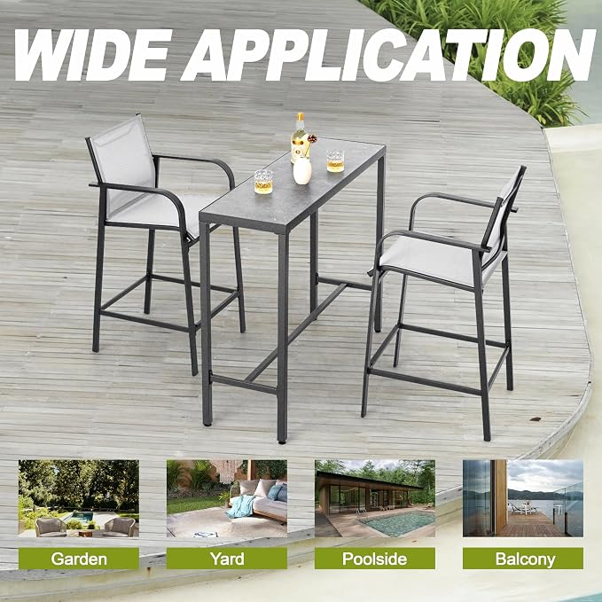 NUU GARDEN 3-Piece Outdoor Bar Set, Patio Bar Table and 2 Textilene High Bar - Image 4