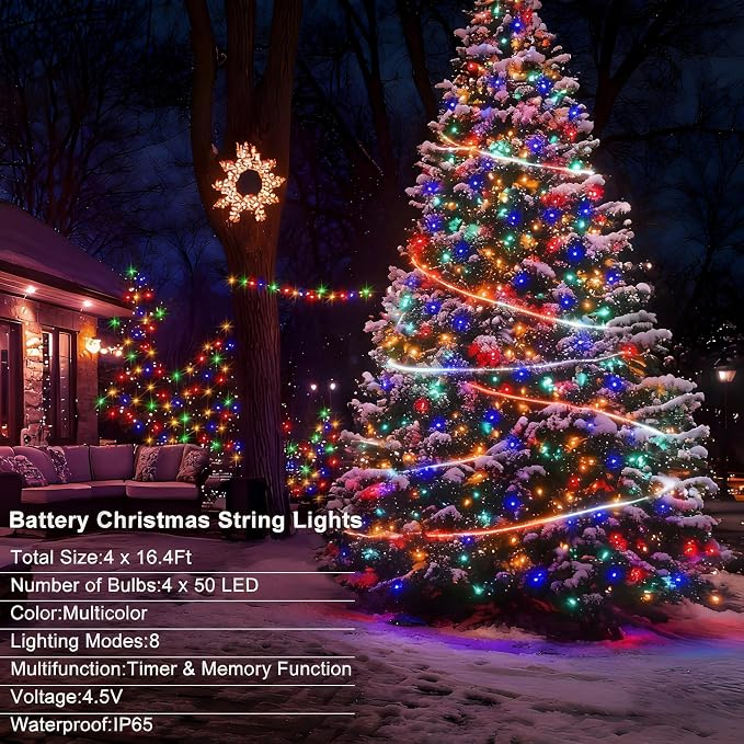 4 Pack Christmas String Lights Battery Operated, Each 50 LED16.5Ft Dark Green - Image 4