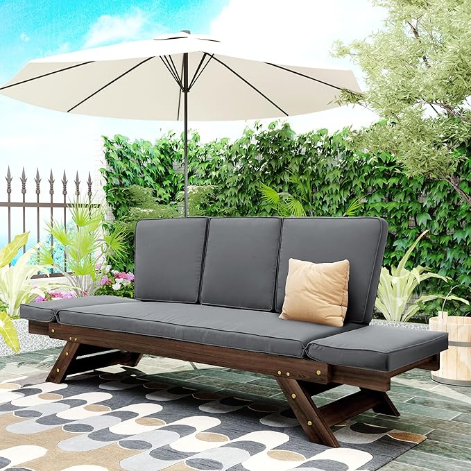 Merax Patio Sofa, Outdoor Adjustable Wooden Daybed, Chaise Lounge - Image 3