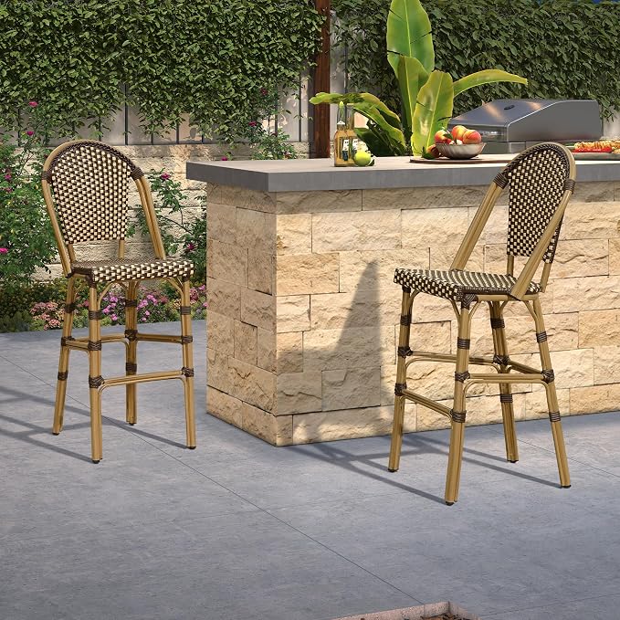 PURPLE LEAF French Bar Stool Set of 2 Bamboo Print Finish Patio Bar Stools - Image 2