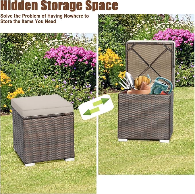 RELAX4LIFE Wicker Outdoor Storage Ottoman, 2-Piece Rattan Footstool w/Removable - Image 5