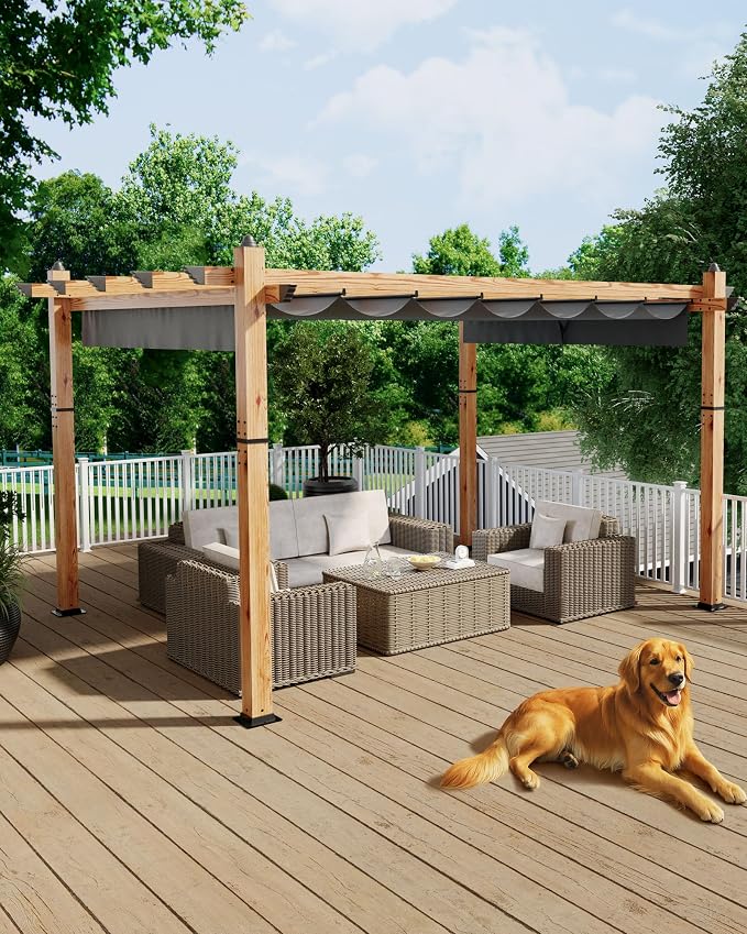 10x13 Ft Outdoor Pergola with Retractable Canopy Upgraded Aluminum Wood Grain by KYBOLT