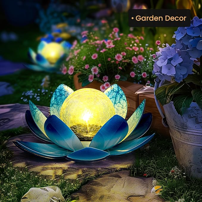 GIGALUMI Solar Light Outdoor Garden Decor, Lotus Flower Light Crackle Globe - Image 2